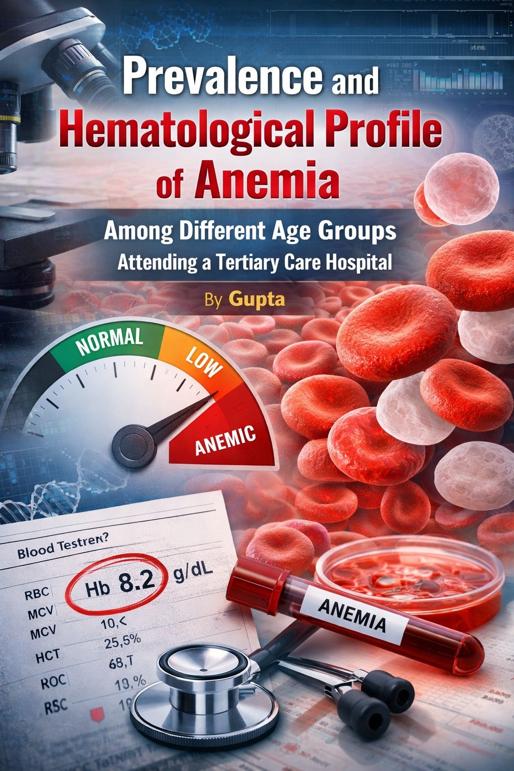 Cover image showing red blood cells, hemoglobin test report, and laboratory equipment representing a research study on anemia and hematological profile.